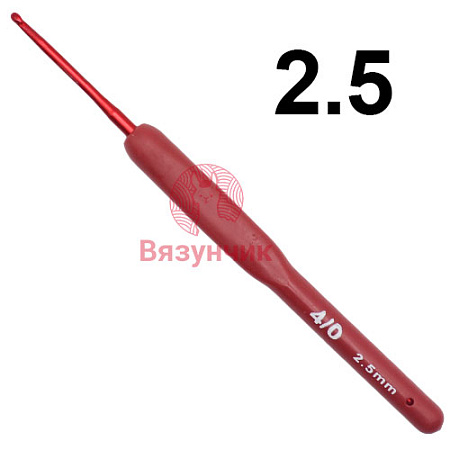 Крючок вязальный, алюминиевый с пластиковой красной ручкой, 13,5 см